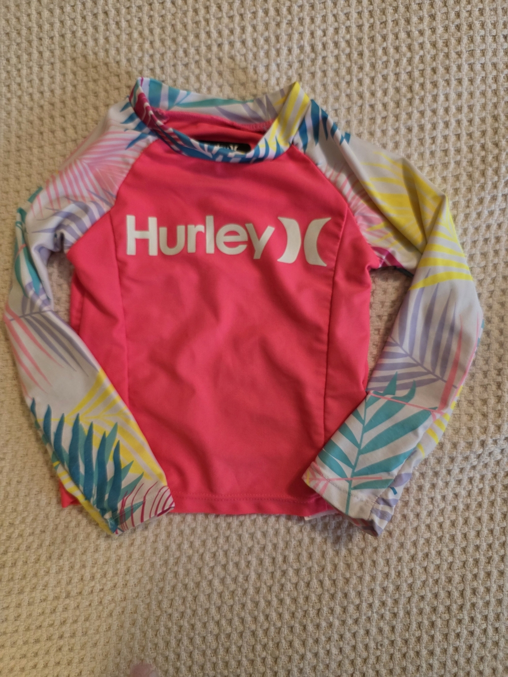 Hurley Girls' Pink Long Sleeve Rash Guard - Tropical Print Sleeves Toddler Sz 2T